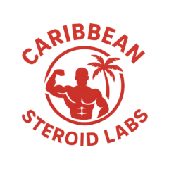 Caribbean Steroid Labs logo in bold red and black design featuring a muscular silhouette flexing with a palm tree inside a circular emblem.